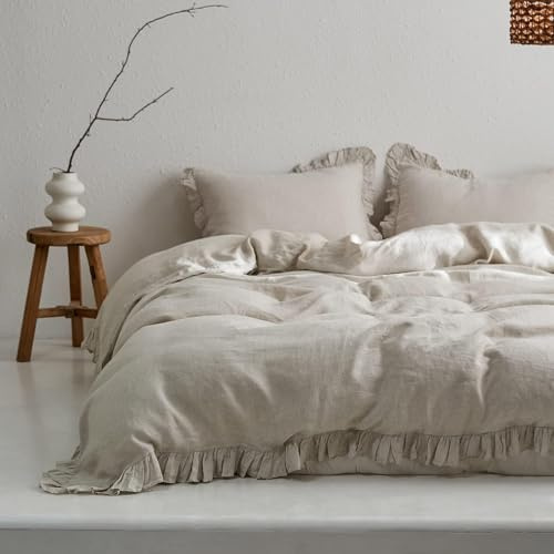 Simple&Opulence 100% Linen Duvet Cover Set, 3 PCS Natural French Flax Ruffle Duvet Cover King Size, Breathable Comfy Linen Bedding Comforter Cover with 2 Pillowcases (Natural Linen, 104 X 92)