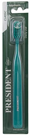 President SPAZZOLINO CLASSIC USO QUOTIDIANO. Setole MEDIE a punta arrotondata, con taglio piano. Azione antiplacca efficace. Rispetta smalto e gengive. Verde