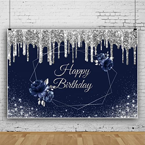 Bovlleetd 220x150cm Joyeux Anniversaire Photographie Fond Bleu Argent Scintillant Toile De Fond GéOméTrique Guirlande Photographie Toile De Fond pour FêTe d'anniversaire DéCoration
