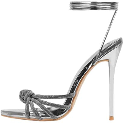 Sandalias de tacón alto negro de verano para mujer, puntera abierta, correa estrecha, tacón de aguja, con cordones, para fiesta, color plateado, 42