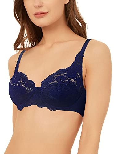 VANEVER Women’s Lace Bra, Comfortable Women’s Bras, Sexy Bra with Underwire & No Padding Cups, Breathable & Non-Chafing Ladies Underwear, Support, Navy 38B