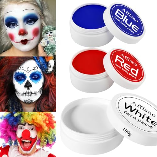 Afflano Weiße Körperfarbe 100g, Rote Blaue Gesichtsfarbe 100g, Halloween Gesicht Körperfarbe für Clown Joker Karneval Makeup, Gesichtsbemalung für SFX Skelett Fancy Dress Party Cosplay Sport
