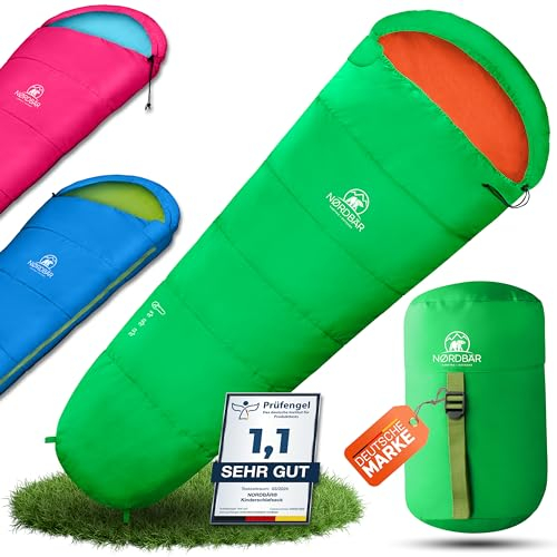 NORDBÄR® Kinderschlafsack für Jungs & Mädchen bis 145 cm Körpergröße | Innenfutter aus 100% Baumwolle | Mumienschlafsack leicht & warm | Kinder Outdoor Schlafsack [1200g] Kinderschlafsäcke