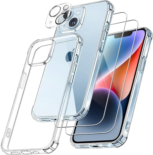 FLLAO 4 en 1 Funda para iPhone 14 con 2 Protector Pantalla y 1 Protector Lente Cámara, [Almohadilla de Aire integrada] Antigolpes Antiarañazos Carcasa 6,1 Pulgadas, Transparente