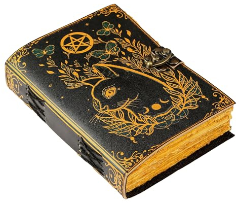 Leeres Zauberbuch der Schatten Tagebuch Kleine Hexe Katze Gedruckt Hexerei Supplies Wicca Notizbuch Handgemachtes Vintage Büttenpapier Grimoire Journal Leder Skizzenbuch Zeichentagebuch (8 x 6)