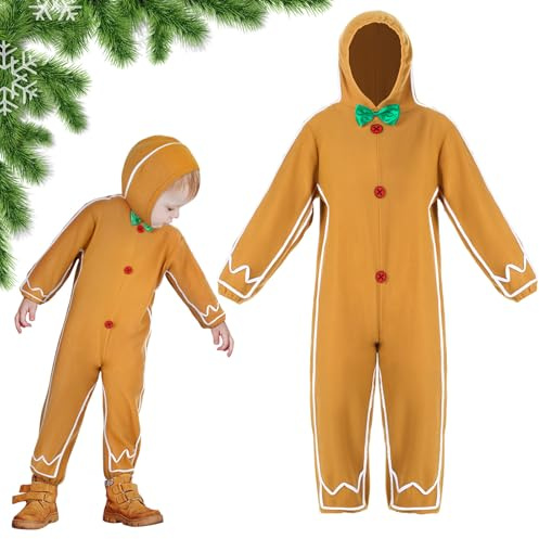 Geyoga Gingerbread Man Costume for Kids Home Clothing Christmas Gingerbread Outfit Bodysuit Hooded Unisex(Classic,7-9 Years)