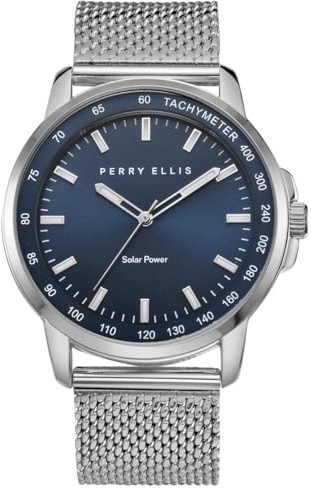 Perry Ellis Solar Powered Mens Watch | Steel Mesh Band | Water-Resistant Analog Wrist Watches for Men | 43mm Case | Aluminum Tachymeter Bezel | Elegant Gift for Man (Silver)