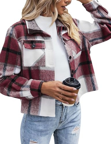 Zeagoo Womens Flannel Cropped Shacket Plaid Jacket Button-Down Fashion Coat | Womens Shirt Coats Autumn Ladies Flannel Jackets Fashion Autumn Winter