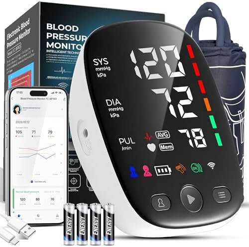Blood Pressure Monitors with Mobile Connectivity & LED Backlight Display Heart Rate Detection 2x120 Records Automatic Upper Arm Blood Pressure Monitor for Home Use Large Blood Pressure Cuff 22-42cm