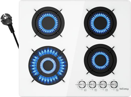 IsEasy Piano Cottura 4 Fuochi, da incasso bianco, Gas Naturale/Propano, Fornello in Vetro bianco, 60 cm, 78OOW