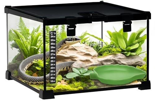 PawHut Terrarium surélevé pour Reptiles avec Serrure et Porte d'alimentation, Terrarium en Verre et en Grillage pour Tortues et Serpents, 30x30x20 cm, Noir