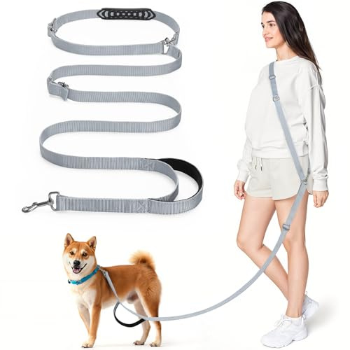 Tivray Hands Free Dog Leash, 8.5ft Adjustable Hands Free Leash for Medium Dogs, Versatile Handheld Crossbody Waist Lead with 3 Rings, Easy Adjust for Running Jogging Walking, Sponge Handle, Gray