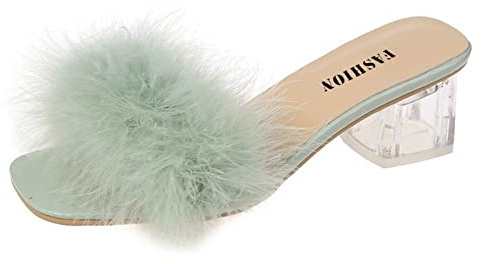 Zapatillas de estar por casa para mujer con tacón de un solo color, decoración de felpa, sandalias de piel mullida, para vestido de novia, sandalias de tacón para boda, sandalias de verano, pantuflas