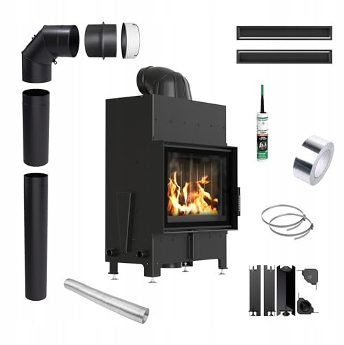 KRATKI Inserto per camino a legna in acciaio Floki nero, 8 kW, ∅160 BImSchV, 2 efficienze, 80%, inserti in legno, gamma di potenza 3-11 kW, inserto tradizionale per camino, set completo con accessori