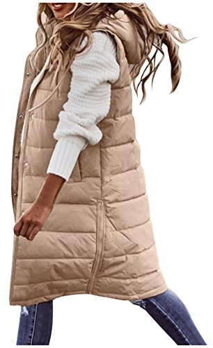 2026 - Doudoune matelassée manteau chaud avec poches gilet doudoune femme veste longue d'extérieur sans manches avec capuche manteau hiver femme été manteau femme, kaki, L