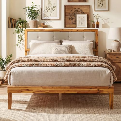 COSTWAY 4FT6 Double/5FT King Size Bed Frame, Solid Acacia Wood Platform Beds with Tufted Headboard and Underbed Storage, Mid-Century Wood Slats Support Bed Mattress Base, No Box Spring Needed (Double)