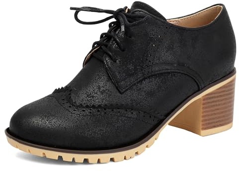Gicoiz Brogue Oxford Donna Tacco Chunky Loafer Punta Rotonda Cordoncino Pumps Business Comodo Ufficio Senza Chiusura Scarpe da Sera Nero Numero 36 EU