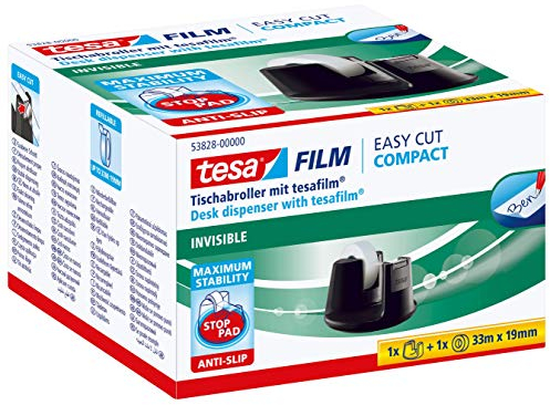 tesafilm Tischabroller Compact - Klebebandspender mit Anti-Rutsch-Boden für sicheren Halt - inkl. 1 Rolle tesafilm invisible 33 m x 15 mm - Schwarz