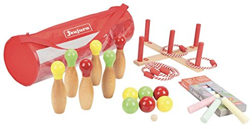 Jeujura - Pack de Jeux d'Exterieur en Bois - Jeu Enfant dès 3 Ans - 8604 | 6 quilles bowling, 6 boules de pétanque, cochonnet, jeu de anneaux et 10 craies de trottoir - Jeu Enfant - Sac de Rangement