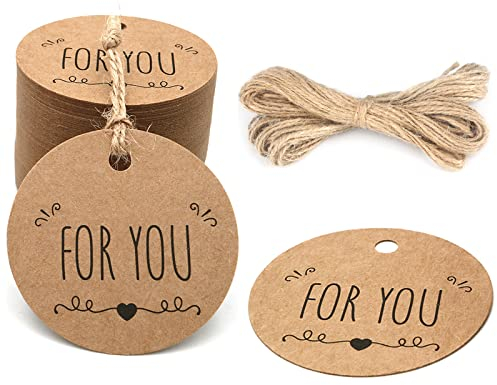 G2PLUS 5CM “FOR YOU” Kraftpapier Anhänger, 100 Stück Runden Geschenkanhänger, Braun Geschenk Etiketten,Papier Geschenkanhänger mit 20M Juteschnur für Geschenke, Handgefertigte Ware.