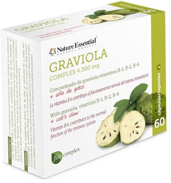 Nature Essential Graviola Complex 4300 mg. 60 Capsulas, Con uña de gato, vitamina B-1, B-2 y b-6 - Nature Essential