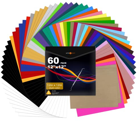HTVRONT Plotterfolie Textil 60 Stück Flexfolie 30.5cm x 30.5cm 35 Farben Flexfolie Plotter Textil, mit Bonus 2 Pack Teflon für T-Shirts & Stoffe