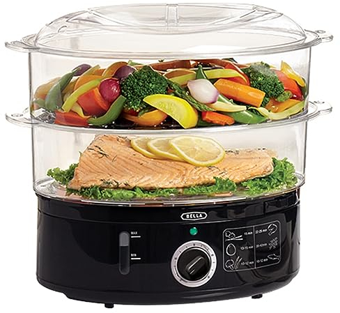 BELLA Two Tier Food Steamer, Healthy, Fast Simultaneous Cooking, Stackable Baskets for Vegetables or Meats, Rice/Grains Tray, Auto Shutoff & Boil Dry Protection, 7.4 QT, ck