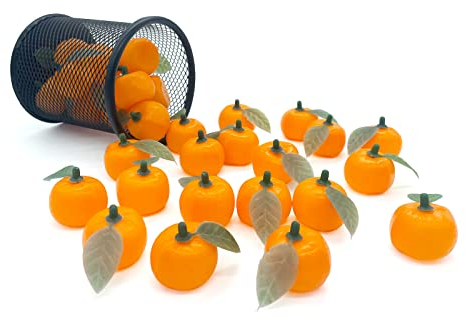 Tenorbass 30 Pcs Mini gefälschte Früchte, künstliche Kunststoff Orangen Früchte Party Dekorationen Schüssel gefälschte Mandarine mit Blättern Mini Obst DIY Haarbänder, Baby-Dusche-Dekor