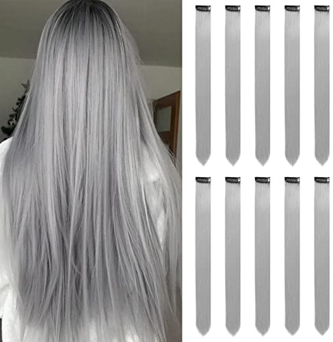 Grau Haarverlängerungen Clip In für Mädchen 22 Zoll bunte gerade Haarverlängerungen für Party Highlights gefärbtes Haar Zubehör Haarteile für Kinder Frauen(10 PCS Grau)