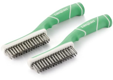 Wire Brush 2Pcs, Stainless Steel Bristle Wire Brushes for Cleaning Rust, Heavy Duty Metal Scratch Scrubber for Paint Removal, Welding, Grill Cleaning with Rubber-Coated Plastic Handle, Green- SANJIAN