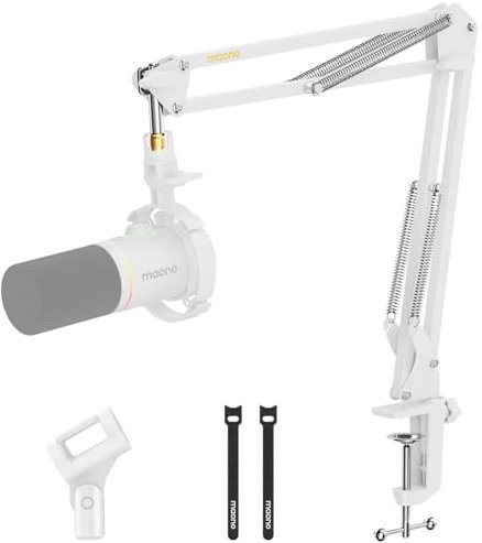 MAONO Boom Arm Microphone Stand: Adjustable Metal Suspension Mic Boom Arm for Podcasting Gaming Streaming Recording,with Desk Clamp and 3/8 to 5/8 Screw Adapter-Max Load 1KG BA20 White