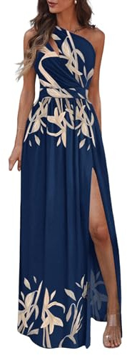 iSpchen,Vestido Elegante de Mujer, Veraniego con Hombros Descubiertos, Cintura Alta, Dividido y Versátil,Azul L