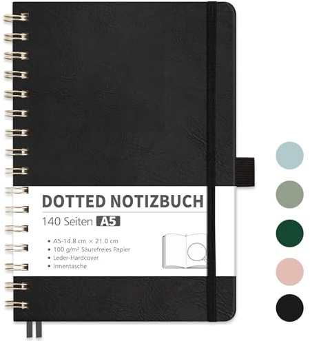 RETTACY Anteckningsbok A5 Dotted, bullet Dot Journal med 100 g/m² tjockt papper, 70 ark, anteckningsbok för kontor och skola, läderfodral, svart, 14,8 cm x 21 cm