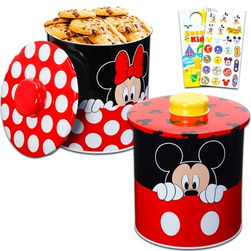 Disney Mickey and Minnie Cookie Jar Set - Bundle with 2 Mickey Mouse and Minnie Mouse Tin Canister Jars with Lids for Snacks, Cookies, Bathroom Essentials, More Plus Stickers Kitchen Accessories