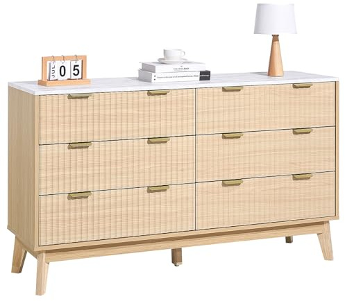 VEVOR 6 Fluted Drawer Dresser, Wooden Chest of Drawers with Sliding & Anti-tip Device, Modern Minimalist Dresser Chest, Fluted Closet Storage for Living Room, Hallway, Bedroom, Entryway, Light Wood