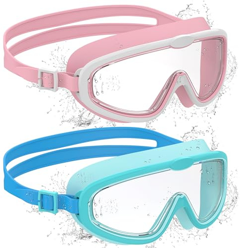 Ambienden 2 Pcs Gafas de Natación, Antivaho de Visión Clara, Protección UV, Junta de Silicona, Unisex Montura Grande Gafas Natacion Niño de 6 a 14 Años, Pink＆White + Cyan Blue