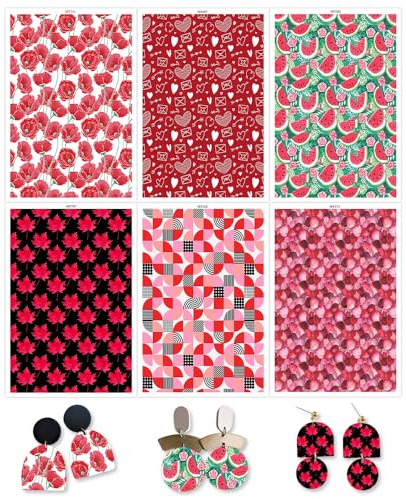 BAOFALI 12 Sheets Red Leaves, Flowers, Fruits Transfer Paper for Polymer Clay, Red Series 6 Different Background Print Polymer Clay Transfer Paper for DIY Art Jewelry Earrings Making 5.82X3.93 inch