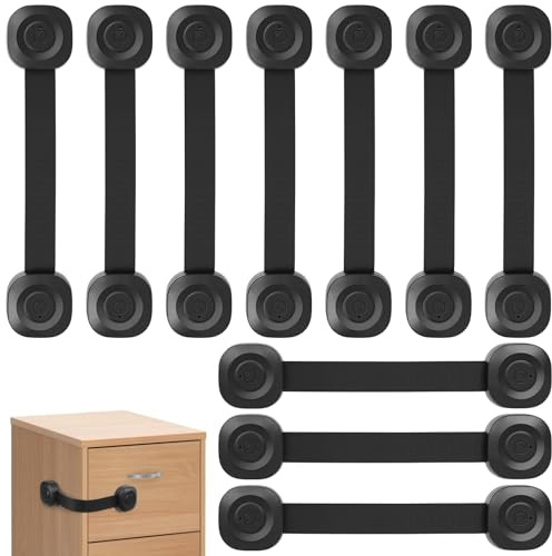 ECHOCUBE Serrature di sicurezza per cassetti per bambini, serrature con cinturino di sicurezza per armadietti 10 confezioni, serrature di sicurezza regolabili per armadi, frigoriferi, WC (nero)