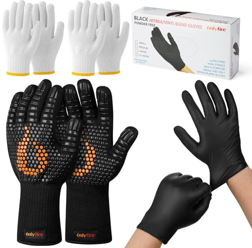 Onlyfire Juego de Guantes para Barbacoa, Incluye 2 Pares Guantes de Nailon, 100 Guantes Desechables de Nitrilo y 1 Par de Guantes para Barbacoa, Resistentes
