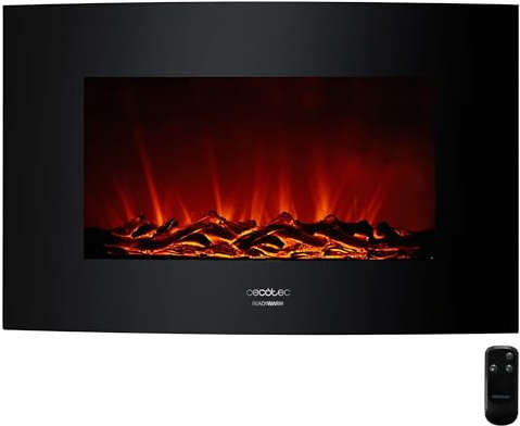 Cecotec Chimenea Eléctrica Decorativa 35” con Mando a Distancia Ready Warm 3510 Curved Flames. Máxima Potencia 2000W, 2 Intensidades, Panel Curvo de Cristal Templado, Llama Ajustable, Temporizador