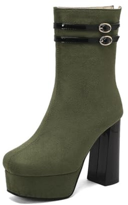 Botines Mujer Plataforma Punta Redonda Tacón Cuadrado Empeine Ante Doble Hebilla Slip On Duraderas Antideslizantes Cómodas Fiesta Noche Zapatos,Verde,45 EU