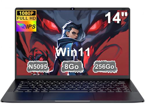 Ordinateur Portable 14 Pouces Celeron N5095 Jusqu’à 2.9 GHz Win11 PC Portable 8Go RAM 256Go SSD Extension1To Laptop avec Souris sans Fil qwerty Clavier avec AZERTY Membrane du Clavie - Noir Métal-1