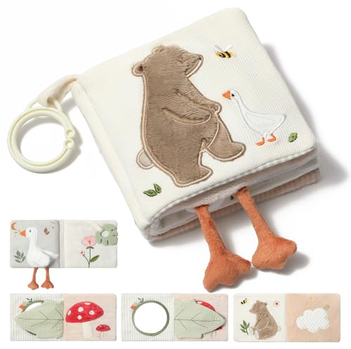 let's make Baby Sensorisches Stoffbuch Baby Spielzeug ab 0 3 6 12 Monate - Interaktive Fühlbuch Knisterbuch mit Spiegel Rassel, Kinderwagenspielzeug Baby Geschenk Junge Mädchen (Bär-Stoffbuch)