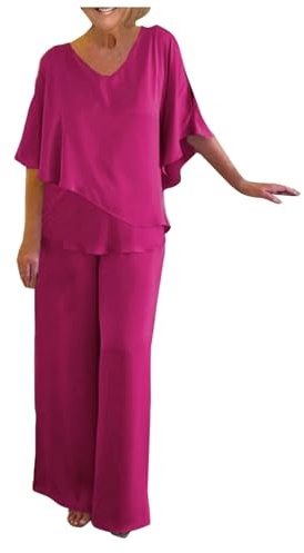 Set med 2-delade byxor för kvinnor ledig lättviktig rund hals byxor stor midja hög midja linne fest chic outfit damset A108, Skrikrosa, M
