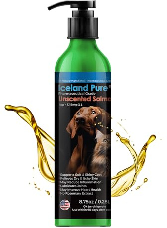 Iceland Pure Salmon Oil | Unscented Pharmaceutical Grade | 1118mg of Omega-3 per teaspoon | Liquid Food Supplement For Dogs and Cats | BPA-Free Brushed Aluminum Epoxy coated Bottle with Pump 8.75oz