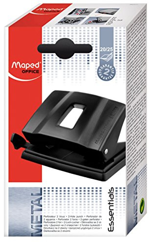 Maped - Perforadora de Papel - Essentials Metal 20/25 Hojas con 2 Agujeros- Agujeador de Papel con Regleta Multi Formatos - Tapa para Vaciar Confetis - Distancia de 80 mm entre Anillas - Color Negro