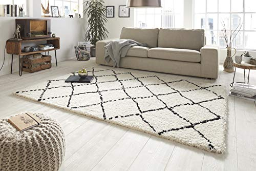 Mint Rugs Allure Tapis de Salon à Poils Longs, Doux, Moelleux, à Poils Longs, Motif flokati, pour Salon, Cuisine, Couloir ou Chambre à Coucher, Couleur crème, Noir, 80 x 150 cm