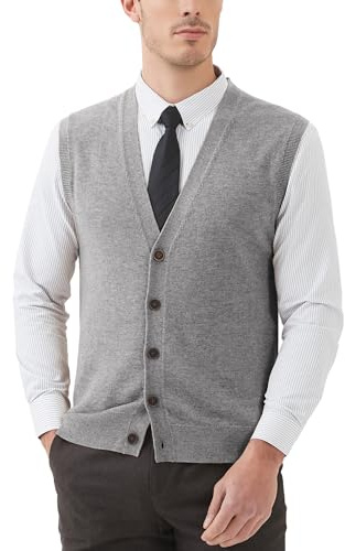 Kallspin Men’s Wool Blend Vest Sweater V Neck Button Front Sleeveless Cardigan Smart Casual Jumper Knitwear(Light Grey, L)
