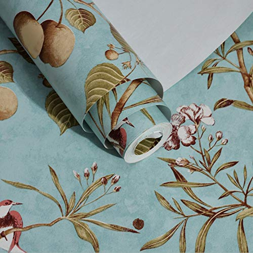 Q QIHANG 1.73' W x 32.8'L Fruit Tree Flowers Birds Elegant Country Vintage Style Living Room Bedroom TV Background Non-Woven Non-Pasted Wallpaper (Blue)