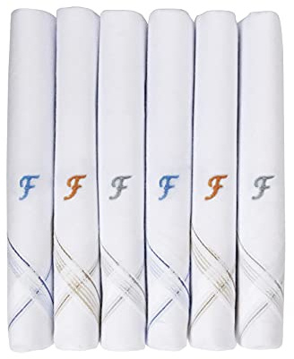 Men's Initial Monogram F 100% Pure Cotton Handkerchief, Gents Hanky 6 Pack